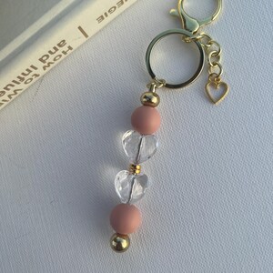 Bead Keychain, heart charm, Pink, gold, clear heart, key strap, beaded purse charm, Airpod Case charm, purse charm, phone charm