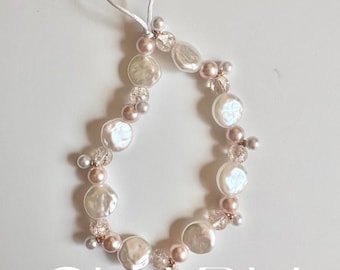 Breloque pour téléphone portable, dragonne pour téléphone en perles, dragonne en nacre, rose, champagne, dragonne pour portable blanche, dragonne pour porte-clés, chaîne pour portable en perles nacrées, dragonne pour portable élégante