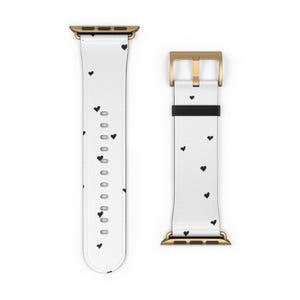 Black and White Apple Watch Band | Pattern Design | Gold, Rose gold, black, or silver buckle | Black & white hearts faux leather Watch band