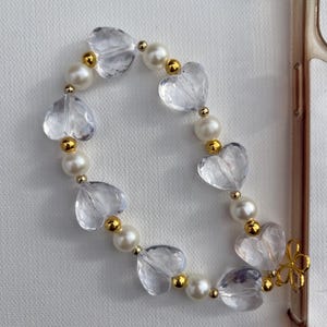 Phone charm, bead phone strap, Flower strap, Heart, gold, clear phone strap, key strap, Pearl beaded phone chain, elegant phone strap