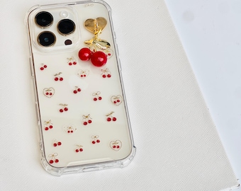 Gold Red Cherry Clear Phone Case | Cherry Charm Phone Case | Cherry Print Phone Case | Elegant Beautiful Phone Case | Girl Gift | Cherries