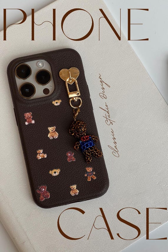 Bear Pattern Brown Phone Case | Beaded Bear Charm Phone Case | Brown Bears Phone Case | Elegant Beautiful Phone Case | Girl Gift | Autumn