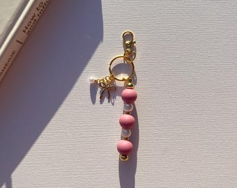 Bead Keychain, bow charm, pink, pearl, gold key strap, beaded purse charm, Airpod Case charm, purse charm, phone charm