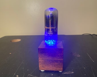 Mini Amperex Vacuum tube nightlight with blue LEDs and mahogany stain - 2 inch square cube