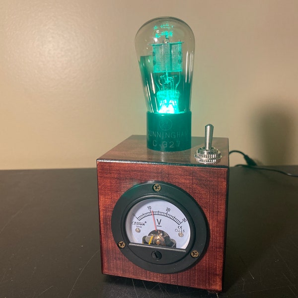 Cube Steampunk style Cunningham vacuum tube nightlight/accent light with green LEDs and large voltmeter in mahogany