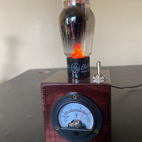 Cube Steampunk style GE vacuum tube nightlight/accent light with orange LEDs and large voltmeter in mahogany