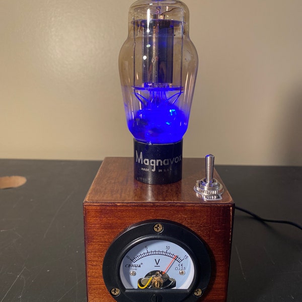 Cube Steampunk style Magnavox vacuum tube nightlight/accent light with blue LEDs and large voltmeter in medium walnut