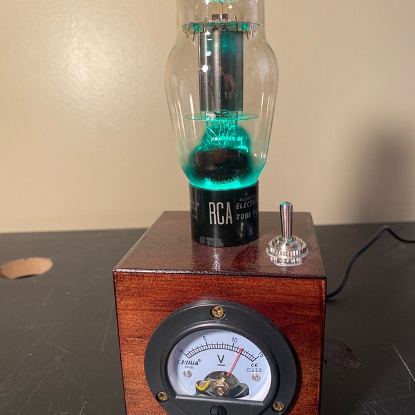 Cube Steampunk style RCA vacuum tube nightlight/accent light with green LEDs and large voltmeter in dark walnut