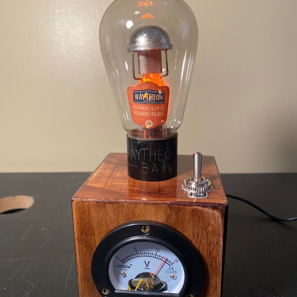Cube Steampunk style Raytheon vacuum tube nightlight/accent light with orange LEDs and large voltmeter in medium walnut.   ***rare Vac Tube