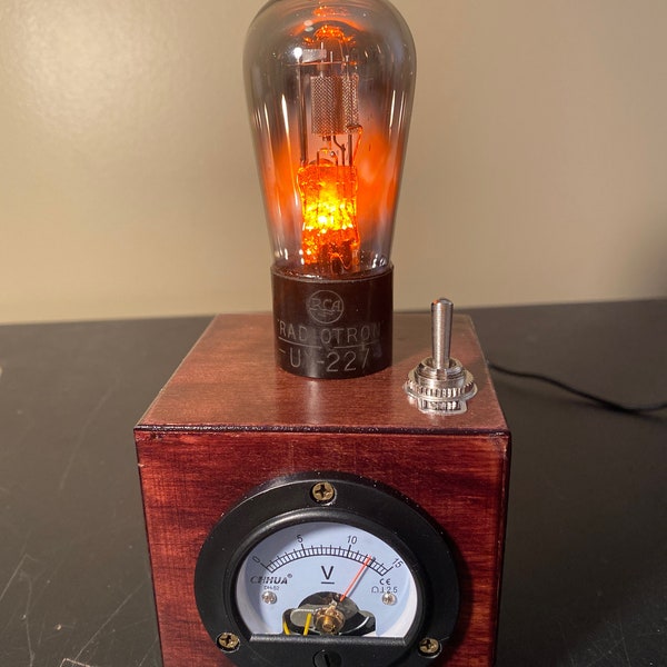 Cube Steampunk style RCA Radiotron vacuum tube nightlight/accent light with orange LEDs and large voltmeter in mahogany