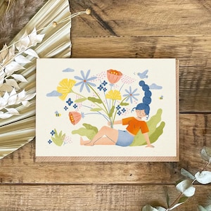 Tarjeta doble "Niña de las flores" | Papel reciclado de 300 g con un bonito sobre | Mujer con un ramo de flores | Gracias, cumpleaños, que te mejores pronto