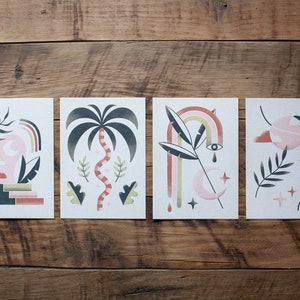 Set de cartes postales »Dreamy Boho Plants« | 4 x tirages A6 sur papier recyclé | Cartes postales abstraites comme décoration murale