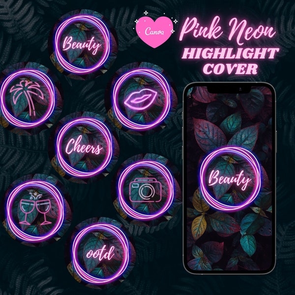 Neon Instagram Highlights, Tropical IG story highlight covers, Pink Editable template, Canva Instagram template, editable highlight cover