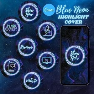Blue Neon Instagram Highlights, Business IG story highlight covers, Editable template, Canva Instagram template, editable highlight cover