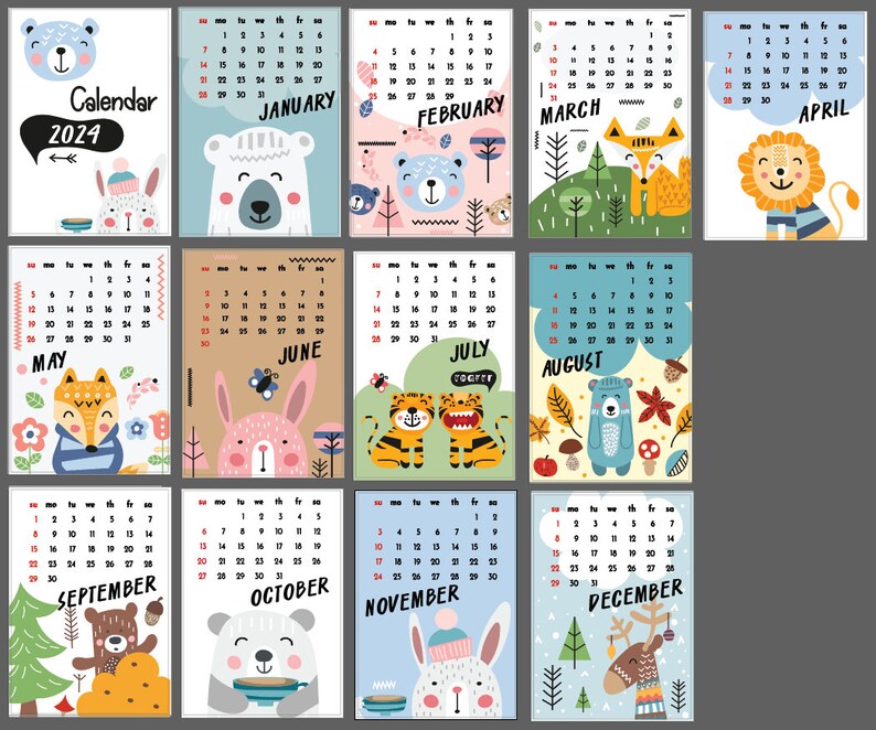 Printable 2024 Calendar Cute Animal Calendar 2024 Cute Planner Etsy