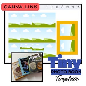 Pode incluir: Modelo digital para um pequeno livro de fotos, com um design de paisagem com colinas verdes, céus azuis e nuvens brancas. As palavras "Tiny Photo Book Template" são exibidas em azul e preto.
