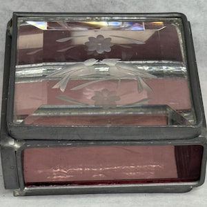 Vintage Etched Glass Hinged  Trinket Box with Mirror  - 1980s