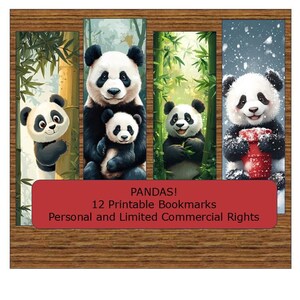 Può includere: Set di 12 segnalibri panda stampabili. Ogni segnalibro presenta una diversa illustrazione di panda in una foresta di bambù o in una scena innevata. I segnalibri hanno uno striscione rosso con la scritta "PANDAS!" e "Personal and Limited Commercial Rights."