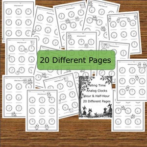 May include: A collection of black and white worksheets for learning to tell time. Each sheet features analog clocks with varying times, along with cute animal illustrations. The text "What time is it?" is visible on each page. The image also includes the text "20 Different Pages".