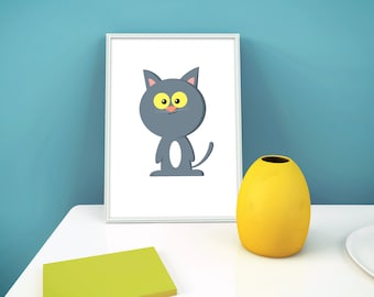 Cat Cartoon Character / Cute Art / Cat Drawing / Cat Art / Original Wall Art / Home Decor / Art Print Home / Digital Download