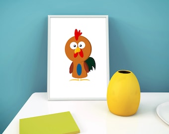 Postać z kreskówki Rooster / Słodka sztuka / Rysunek koguta / Sztuka koguta / Oryginalna sztuka ścienna / Wystrój domu / Wydruk artystyczny Strona główna / Pobieranie cyfrowe