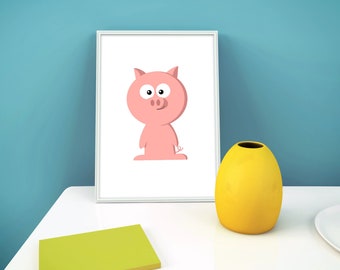 Pig Cartoon Character / Cute Art / Pig Drawing / Piggy Art / Original Wall Art / Home Decor / Art Print Home / Digital Download