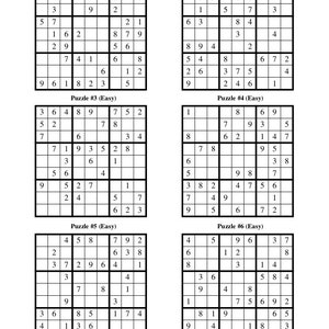 Puede incluir: Seis rompecabezas de Sudoku, cada uno con una cuadr&iacute;cula de 9x9 cuadrados, con n&uacute;meros del 1 al 9 en algunos de los cuadrados. Los rompecabezas est&aacute;n etiquetados como "F&aacute;cil" y numerados del 1 al 6.