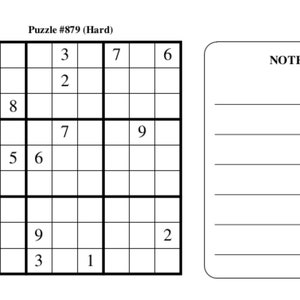 Puede incluir: Un rompecabezas de Sudoku en blanco y negro con el t&iacute;tulo "Puzzle #879 (Dif&iacute;cil)" y una secci&oacute;n de notas en blanco a la derecha.