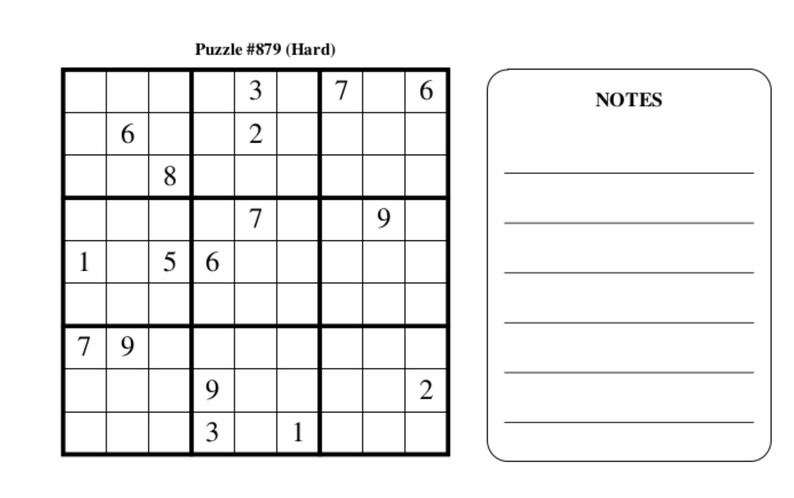 Puede incluir: Un rompecabezas de Sudoku en blanco y negro con el t&iacute;tulo "Puzzle #879 (Dif&iacute;cil)" y una secci&oacute;n de notas en blanco a la derecha.