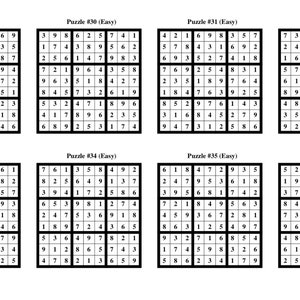 Puede incluir: Un conjunto de diez rompecabezas de Sudoku, cada uno con una cuadr&iacute;cula de 9x9 n&uacute;meros. Los rompecabezas est&aacute;n etiquetados con el nivel de dificultad "F&aacute;cil".