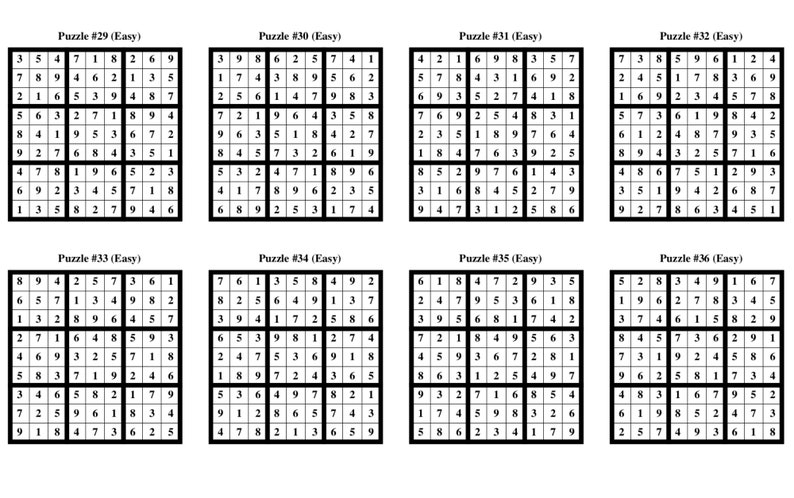 Puede incluir: Un conjunto de diez rompecabezas de Sudoku, cada uno con una cuadr&iacute;cula de 9x9 n&uacute;meros. Los rompecabezas est&aacute;n etiquetados con el nivel de dificultad "F&aacute;cil".