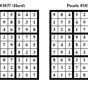 Puede incluir: Dos rompecabezas de Sudoku, cada uno con una cuadr&iacute;cula de 9x9 n&uacute;meros. Los rompecabezas est&aacute;n etiquetados como "Puzzle #1037 (Dif&iacute;cil)" y "Puzzle #1038 (Dif&iacute;cil)".
