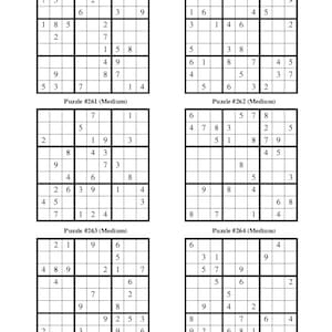 Puede incluir: Nueve rompecabezas de Sudoku, cada uno con una cuadr&iacute;cula de 9x9 n&uacute;meros. Los rompecabezas est&aacute;n etiquetados con los n&uacute;meros 259 a 264. Cada rompecabezas tiene algunos n&uacute;meros rellenos, y el resto est&aacute;n en blanco.
