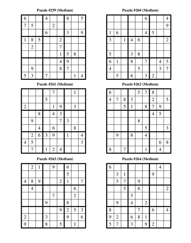Puede incluir: Nueve rompecabezas de Sudoku, cada uno con una cuadr&iacute;cula de 9x9 n&uacute;meros. Los rompecabezas est&aacute;n etiquetados con los n&uacute;meros 259 a 264. Cada rompecabezas tiene algunos n&uacute;meros rellenos, y el resto est&aacute;n en blanco.