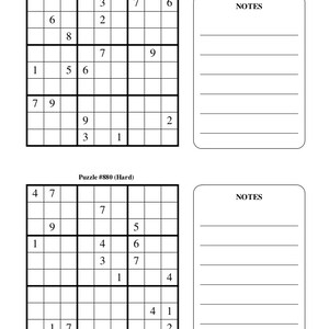 Puede incluir: Dos rompecabezas de Sudoku, cada uno con una cuadr&iacute;cula de 9x9 y una secci&oacute;n de notas. Los rompecabezas est&aacute;n etiquetados como "Puzzle #879 (Dif&iacute;cil)" y "Puzzle #880 (Dif&iacute;cil)".