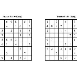 Puede incluir: Dos rompecabezas de Sudoku, etiquetados como "Puzzle #183 (F&aacute;cil)" y "Puzzle #184 (F&aacute;cil)", con una cuadr&iacute;cula de 9x9 de n&uacute;meros y casillas en blanco.