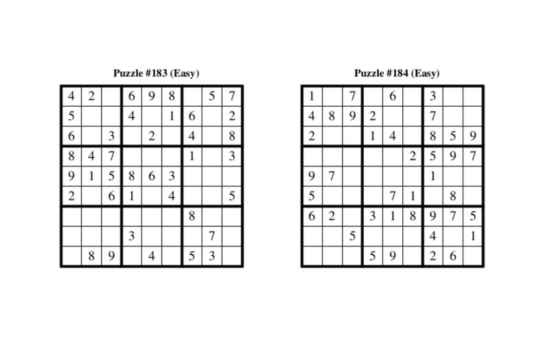 Puede incluir: Dos rompecabezas de Sudoku, etiquetados como "Puzzle #183 (F&aacute;cil)" y "Puzzle #184 (F&aacute;cil)", con una cuadr&iacute;cula de 9x9 de n&uacute;meros y casillas en blanco.