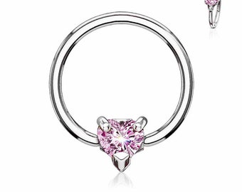 Multi Directional CZ Heart 316L Surgical Steel Captive Bead Ring