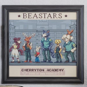 Puede incluir: Una impresión enmarcada del anime "Beastars" con los personajes Legoshi, Haru, Juno, Louis y Jack. La impresión está en un marco negro con fondo blanco y el texto "Beastars" y "Cherryton Academy" en negro.