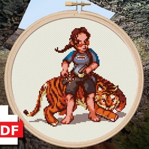 Tomb Raider 2&#39;s Lara Croft in Diving Suit & Bengal Tiger  - Cross Stitch Pattern - Original Design, Instant PDF Download