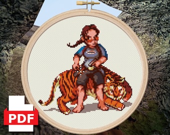 Lara Croft de Tomb Raider 2 en traje de buceo y tigre de Bengala - Patrón de punto de cruz - Diseño original, Descarga instantánea en PDF