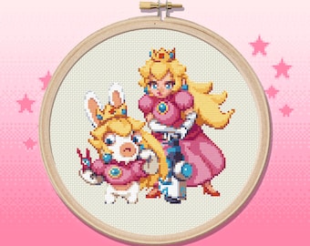 Princesa Peach & Rabbid Peach - Patrón de punto de cruz - Diseño original, Descarga instantánea en PDF