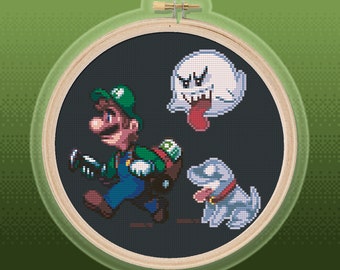 Luigi's Mansion 3: Luigi, Boo & Polterpup - Patrón Punto de Cruz - Diseño Original, Descarga Instantánea en PDF