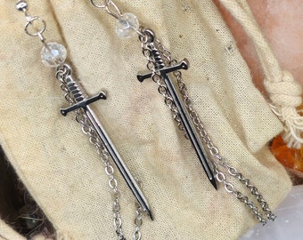 Medieval modern Sword earrings, 4-inch dangly hooks, Fantasy gothic aesthetic, gift, renaissance fair