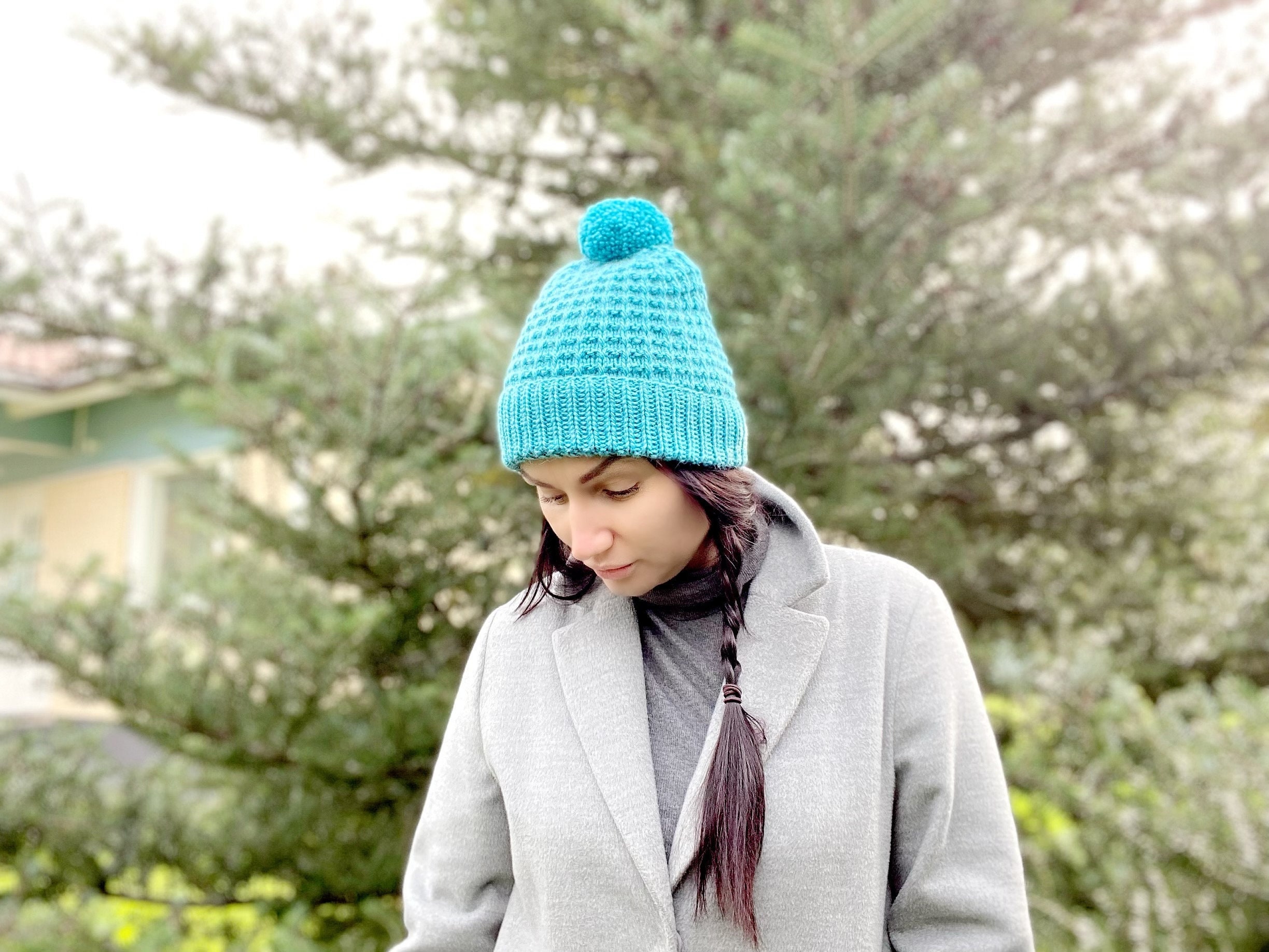 Hand Knit Beanie , Womens Winter Hat with Pom Pom, Bobble Hat