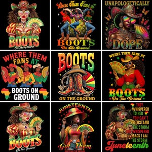Juneteenth Boots On The Ground-bundel, Cowgirl Where Them Fans At png, Black Cowgirls, Steppin' Into Juneteenth 1865 png, Afrikaanse vrouw
