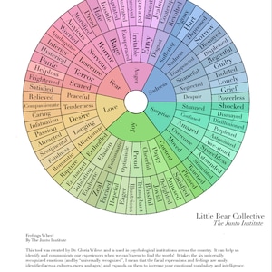 May include: A colorful wheel with a circle in the center, divided into sections with different emotions listed in each section. The emotions are arranged in a circular pattern, with the most positive emotions at the top and the most negative emotions at the bottom. The wheel is titled "Feelings Wheel" and "Little Bear Collective, The Junto Institute".