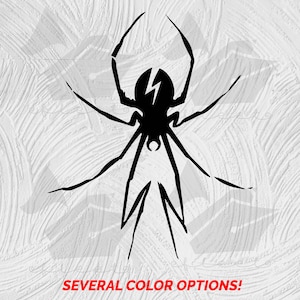 May include: Black spider silhouette with a lightning bolt design on its body. The spider is facing forward with its legs spread out.