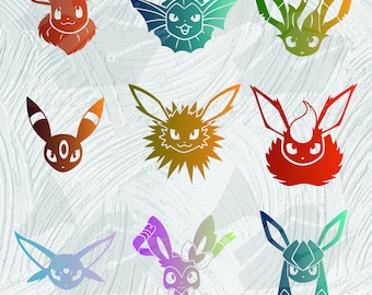 Może przedstawiać: Kolekcja dziewięciu stylizowanych naklejek winylowych przedstawiających głowy różnych ewolucji Eevee w gradientowych kolorach, w tym czerwonym, turkusowym, zielonym, brązowym, pomarańczowym i fioletowym. Tekst na dole brzmi SEVERAL COLOR OPTIONS! SEE LISTING IMAGES.
