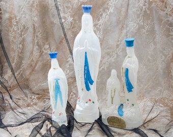 Set of 3 Lovely French Vintage Lourdes pilgrim souvenirs - holy water bottles from the 1960s with Virgin Holy Mary and Bernadette